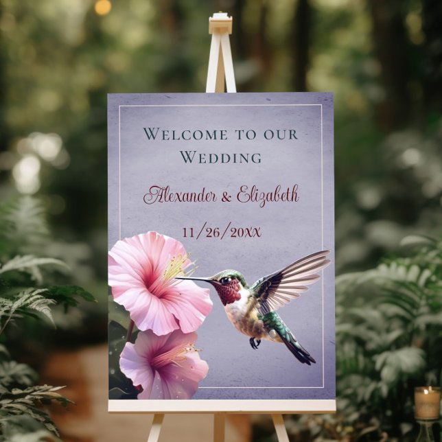 Hummingbird and Hibiscus | Purple Wedding Welcome Foam Board (Purple Hummingbird and Hibiscus Wedding Welcome Foam Board)