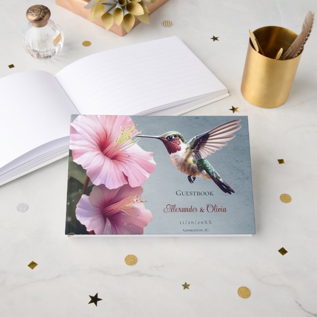 Hummingbird and Hibiscus Wedding | Blue Guest Book (Front Open)
