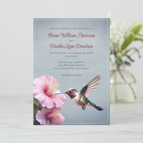 Hummingbird and Hibiscus Wedding  Blue Invitation
