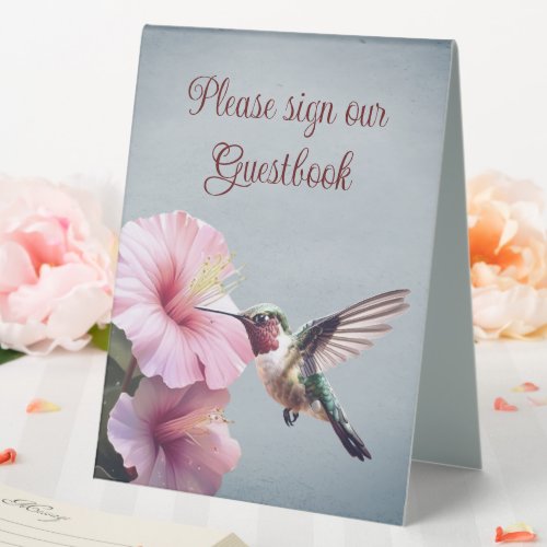 Hummingbird and Hibiscus Wedding  Blue Table Tent Sign