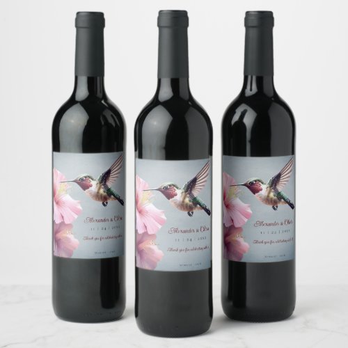 Hummingbird and Hibiscus Wedding  Blue Wine Label