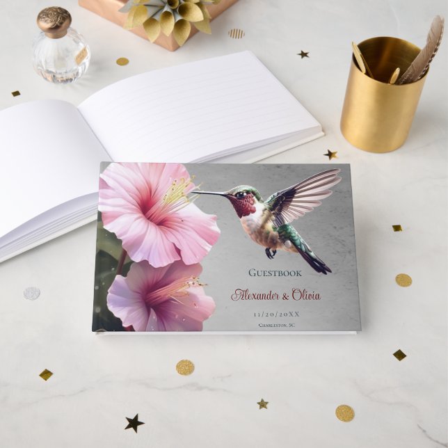 Hummingbird and Hibiscus Wedding | Gray Guest Book (Front Open)