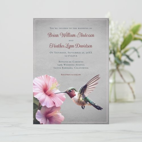 Hummingbird and Hibiscus Wedding  Gray Invitation