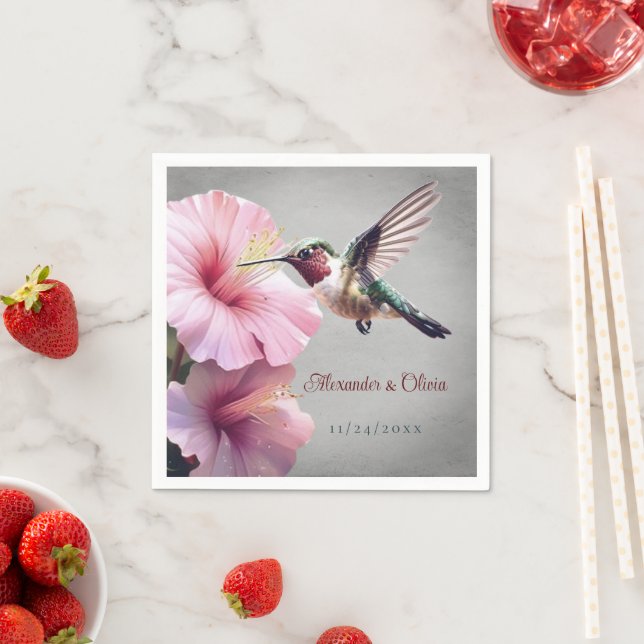 Hummingbird and Hibiscus Wedding | Gray Napkins (Insitu)