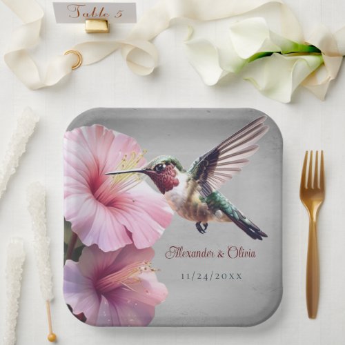 Hummingbird and Hibiscus Wedding  Gray Paper Plates