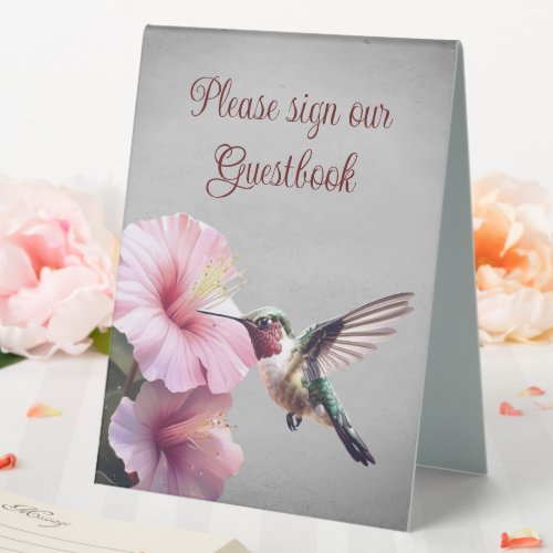 Hummingbird and Hibiscus Wedding  Gray Table Tent Sign