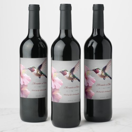 Hummingbird and Hibiscus Wedding  Gray Wine Label