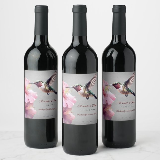 Hummingbird and Hibiscus Wedding | Gray Wine Label (Bottles)