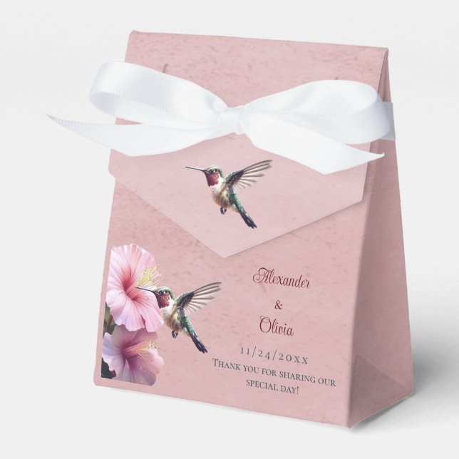 Hummingbird and Hibiscus Wedding | Pink Favor Boxes (Front Side)