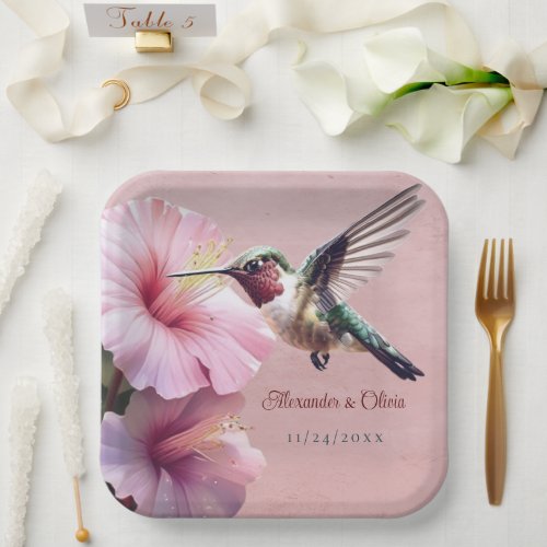 Hummingbird and Hibiscus Wedding  Pink Paper Plates