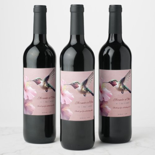 Hummingbird and Hibiscus Wedding  Pink Wine Label