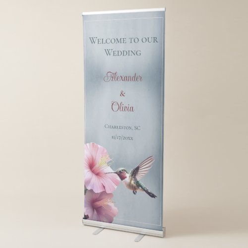 Hummingbird and Hibiscus Wedding Welcome  Blue Retractable Banner