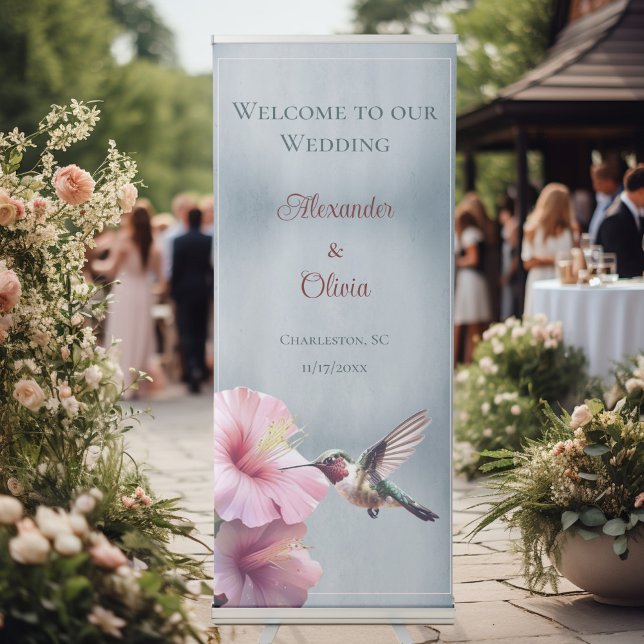 Hummingbird and Hibiscus Wedding Welcome | Blue Retractable Banner (Blue Hummingbird and Hibiscus Wedding Welcome Retractable Banner)
