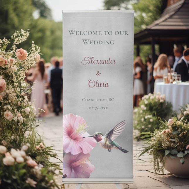 Hummingbird and Hibiscus Wedding Welcome | Gray Retractable Banner (Gray Hummingbird and Hibiscus Wedding Welcome Retractable Banner)