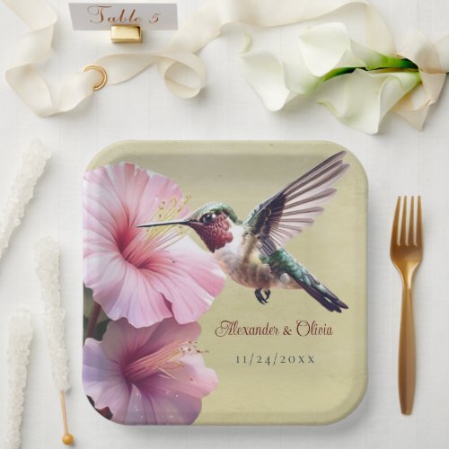 Hummingbird and Hibiscus Wedding  Yellow Paper Plates