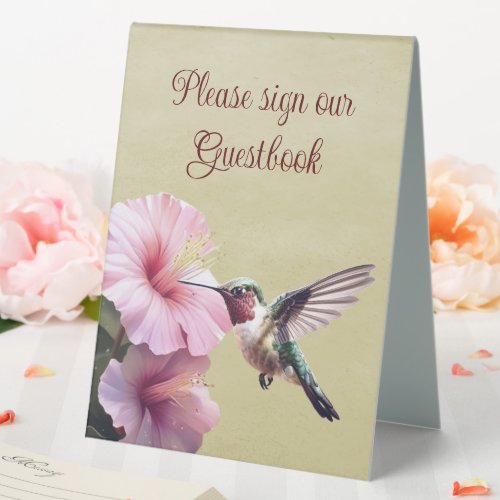 Hummingbird and Hibiscus Wedding  Yellow Table Tent Sign