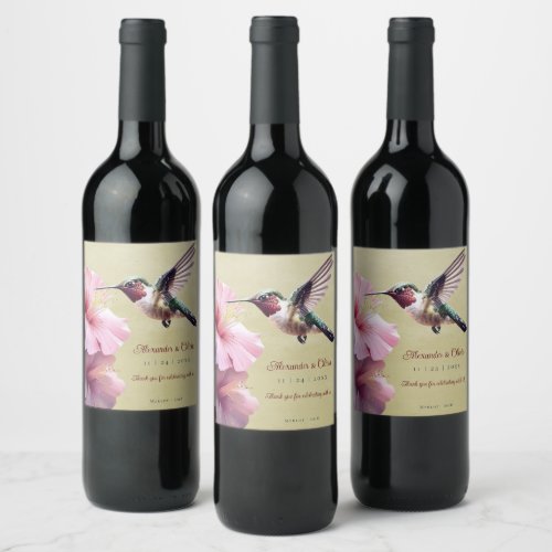 Hummingbird and Hibiscus Wedding  Yellow Wine Label