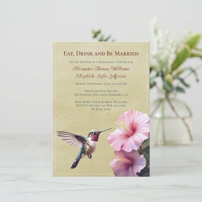 Hummingbird and Hibiscus | Yellow Rehearsal Dinner Invitation (Standing Front)