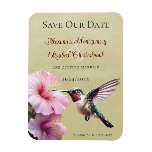 Hummingbird and Hibiscus | Yellow Save the Date Magnet (Vertical)