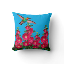 Hummingbird and Holly Hocks Throw Pillow