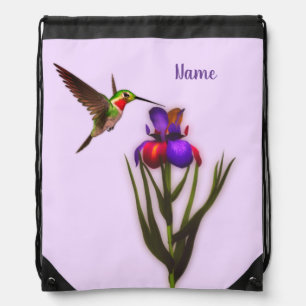 Hummingbird And Iris Flower Personalized  Drawstring Bag