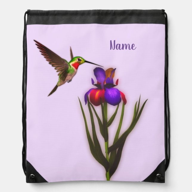 Hummingbird And Iris Flower Personalized  Drawstring Bag (Front)