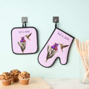 Hummingbird And Iris Flower Personalized Oven Mitt & Pot Holder Set