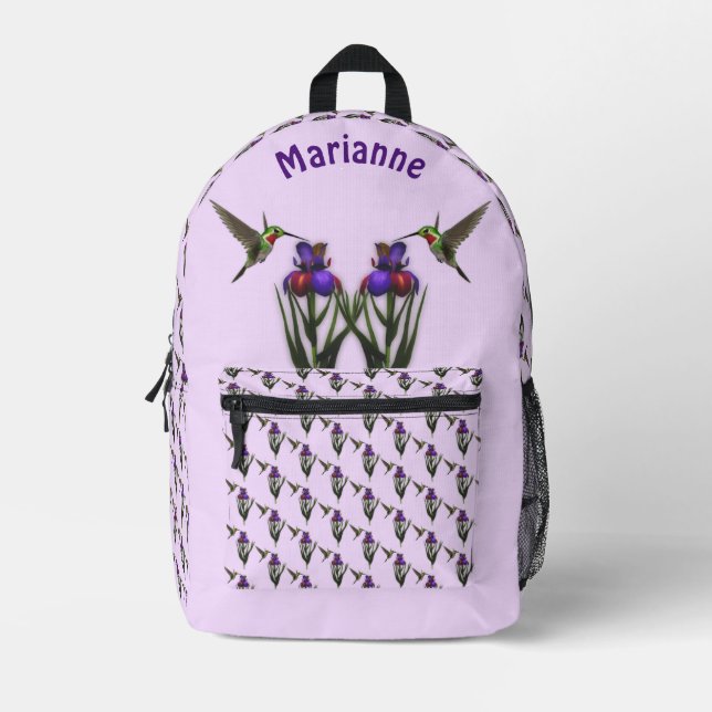 Hummingbird And Iris Flower Personalized Printed Backpack (Front)