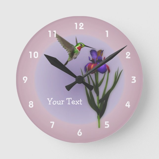 Hummingbird And Iris Flower Personalized Round Clock (Front)