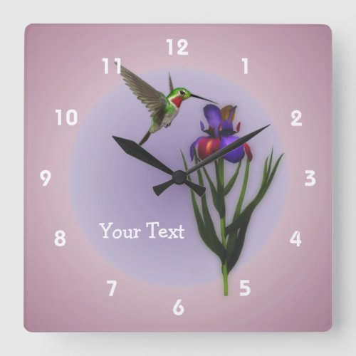 Hummingbird And Iris Flower Personalized Square Wall Clock