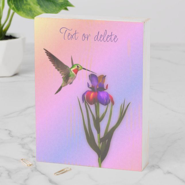 Hummingbird And Iris Flower Personalized  Wooden Box Sign (In Situ Vertical)