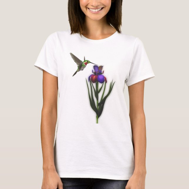 Hummingbird And Iris Flower T-Shirt (Front)