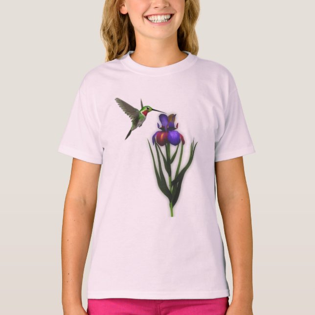 Hummingbird And Iris Flower T-Shirt (Front)