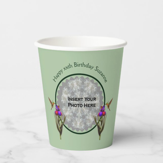 Hummingbird And Iris Personalized Photo Birthday Paper Cups (Front)