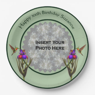 Hummingbird And Iris Personalized Photo Birthday Paper Plates