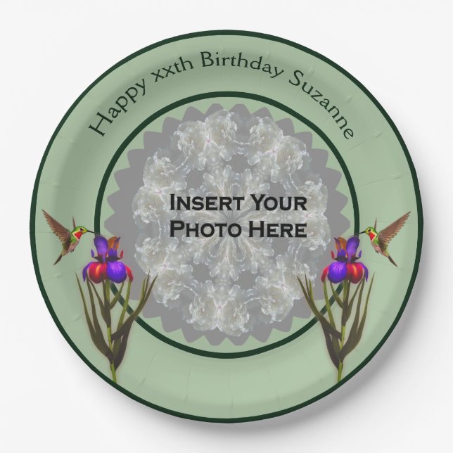 Hummingbird And Iris Personalized Photo Birthday Paper Plates (Front)