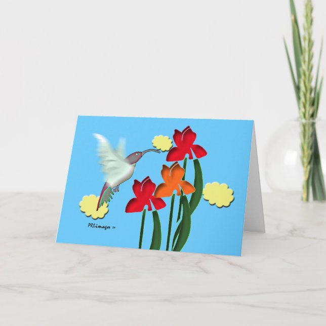 Hummingbird and Irises Greeting Card (Front)