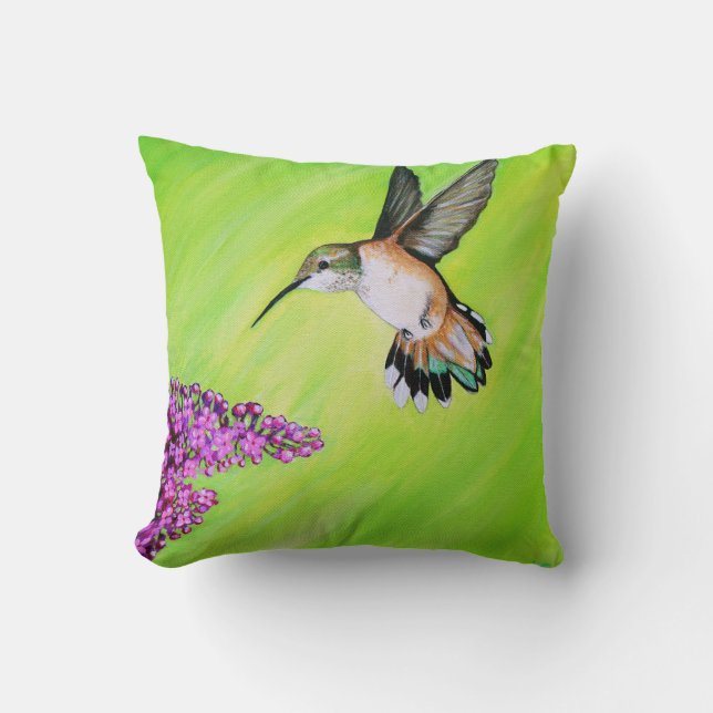 Hummingbird and Lilac Painting Throw Pillow (Front)