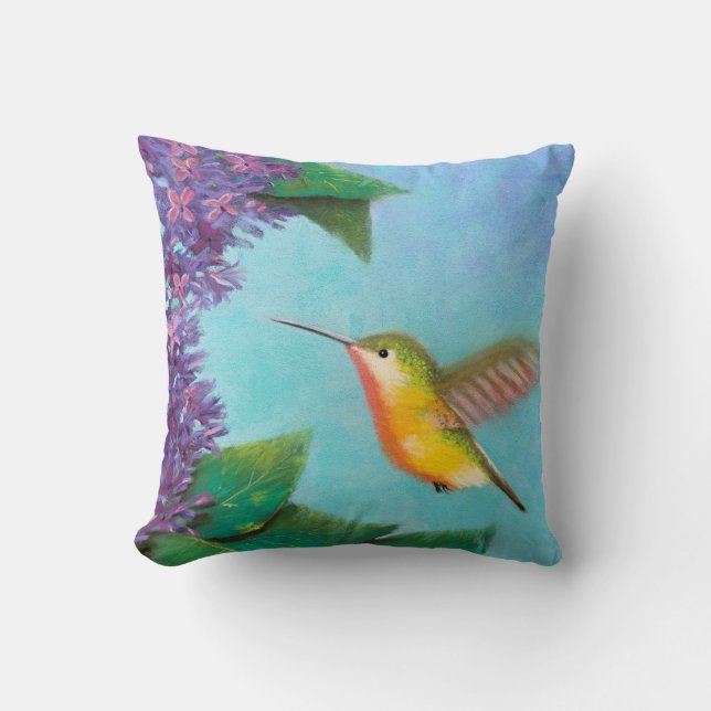 Hummingbird and Lilacs Throw Pillow (Front)