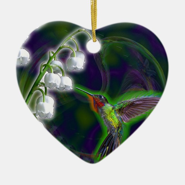 Hummingbird and Lily of the Valley Flowers Ceramic Ornament (Front)