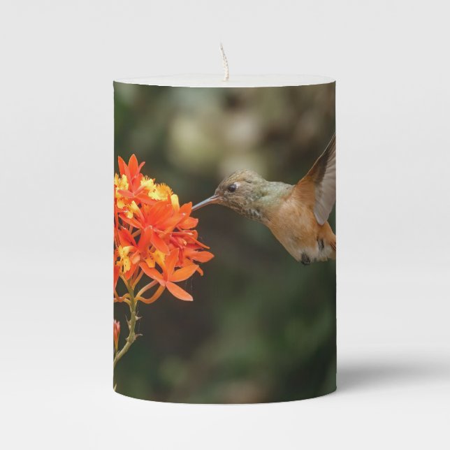 Hummingbird And Orange Flower Pillar Candle (Front)