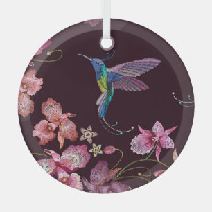 Hummingbird and orchid, tropical seamless fashion. glass ornament