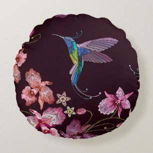 Hummingbird and orchid, tropical seamless fashion. round pillow