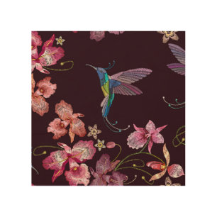 Hummingbird and orchid, tropical seamless fashion. wood wall art