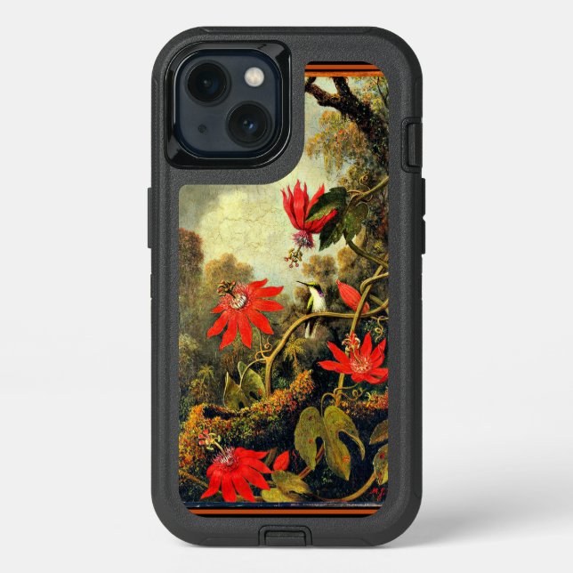 Hummingbird and Passion Flowers, botanical art, Otterbox iPhone Case (Back)