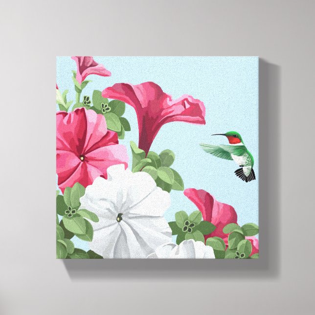 Hummingbird and Petunia Flowers Canvas Print (Front)