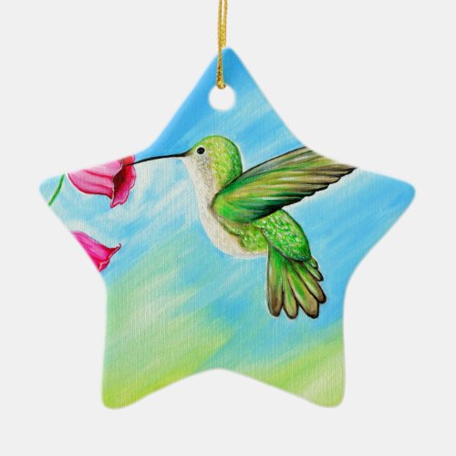 Hummingbird and Pink Bell Flowers Painting Ceramic Ornament