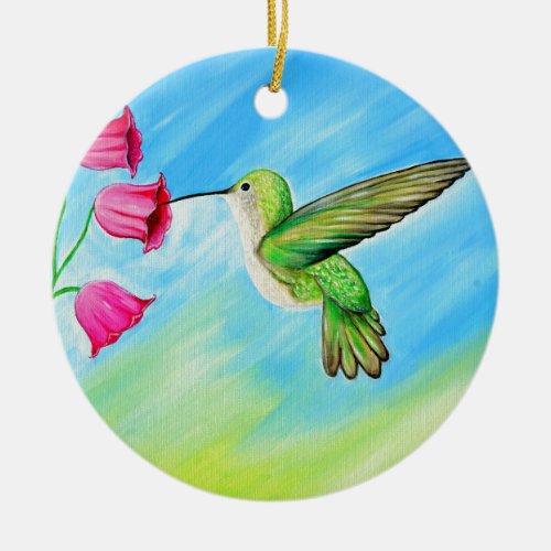 Hummingbird and Pink Bell Flowers Painting Ceramic Ornament