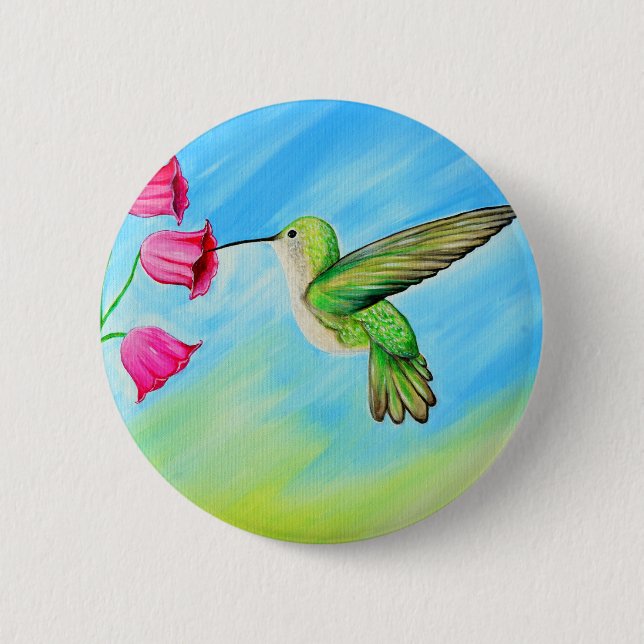 Hummingbird and Pink Bell Flowers Painting Pinback Button (Front)