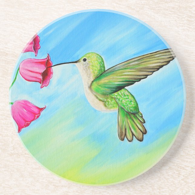 Hummingbird and Pink Bell Flowers Painting Sandstone Coaster (Front)